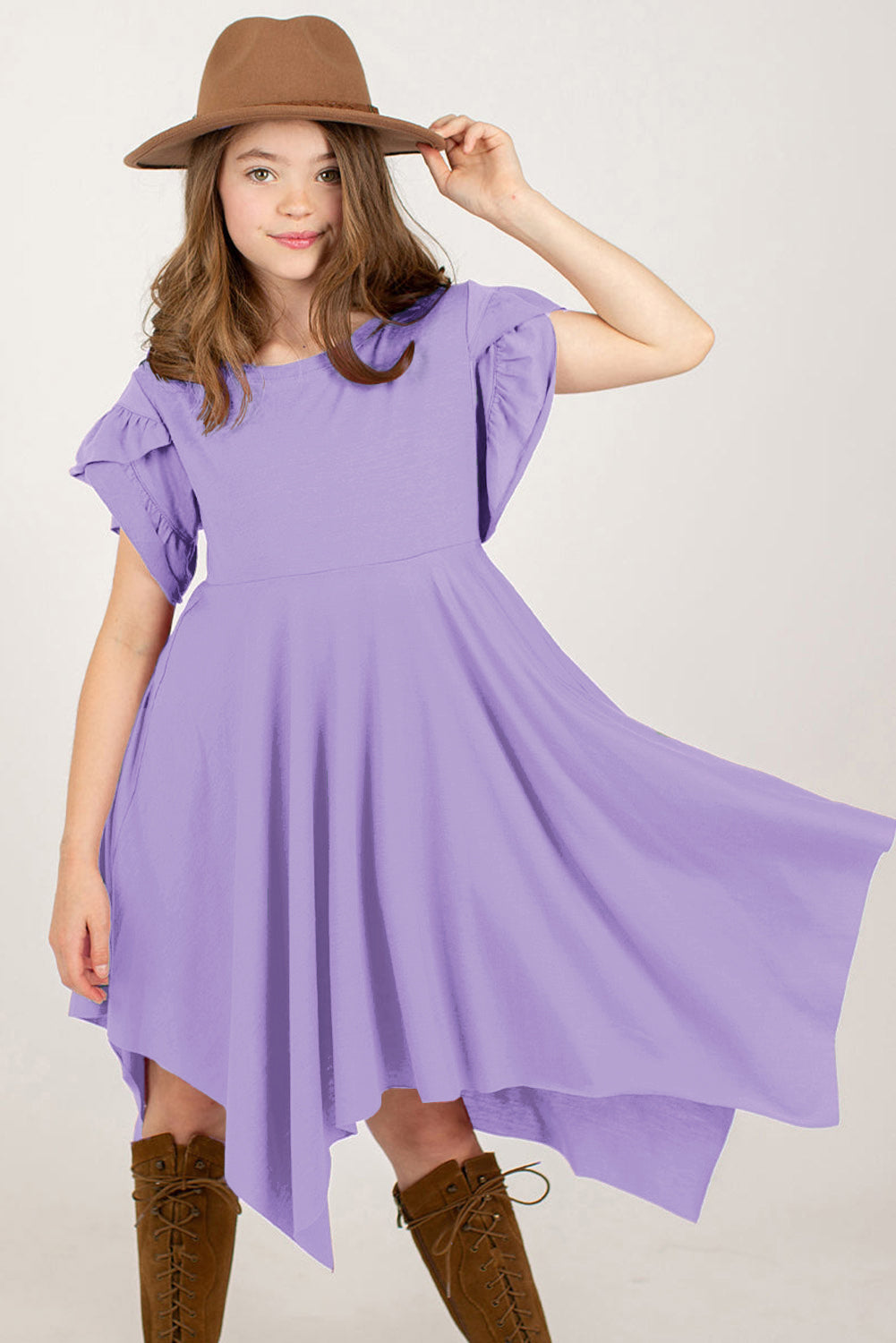 Kids petal sleeve dress with round neckline in lilac
