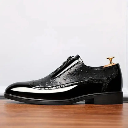 Embossed zipper pointed men's shiny leather Chelsea men's single shoes eprolo