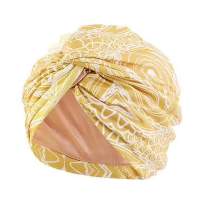 Women Muslim Bohemian style Cap Satin Linned Print Twist