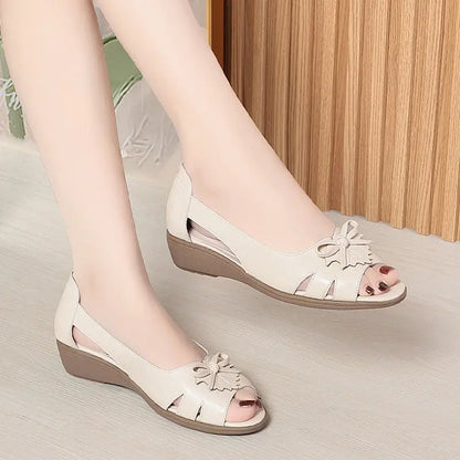 Fish Mouth Heeled Sandals for Women, Soft Leather and Comfortable Sole, Suitable for Middle-aged and Elderly Women, Summer Single Shoes eprolo
