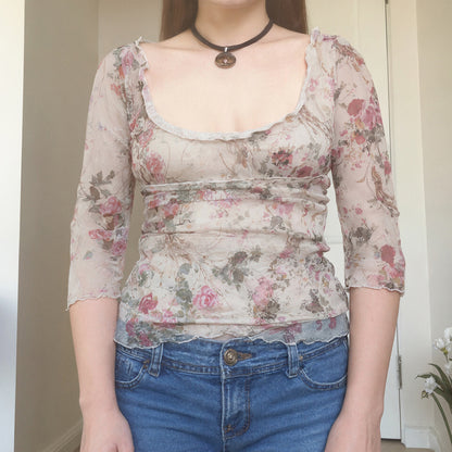 Square collar printed mesh top slim fit T-shirt