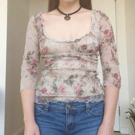 Square collar printed mesh top slim fit T-shirt