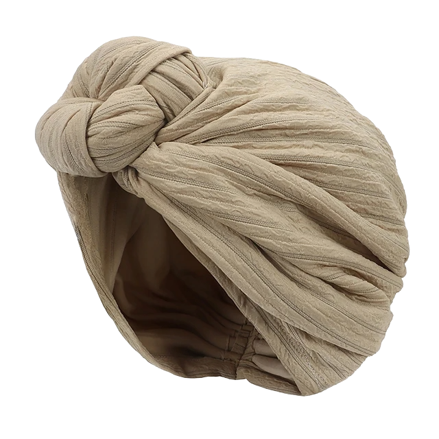 Turban Headscarf for women in beige, stylish knotted design for modern casual or professional wear.