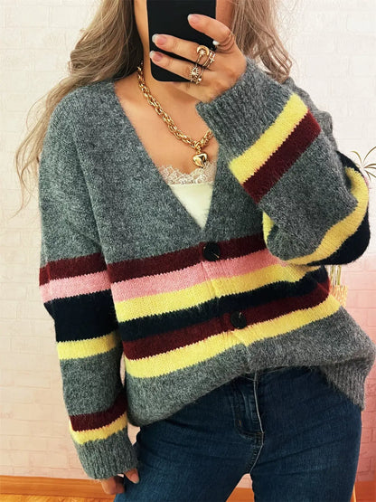 Stylish Ribbed Striped Cardigan for girls in gray with colorful stripes, perfect for cozy fashion.