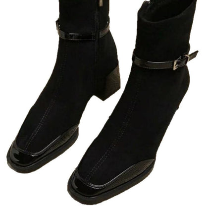 Retro French British Style Black Square Toe Leather Suede Ankle Side Zip Boots
