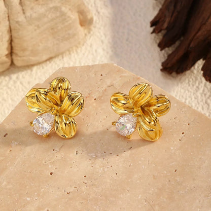 "18K gold-plated flower stud earrings with delicate petal design"