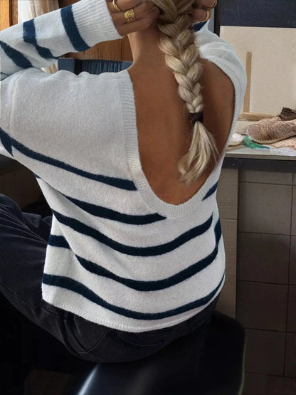 Striped Round Neck Long Sleeve Knit Top Trendsi