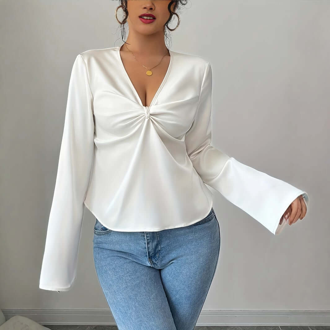 V-Neck Pleated Flare Sleeve Blouse for Women