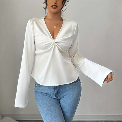 V-Neck Pleated Flare Sleeve Blouse for Women