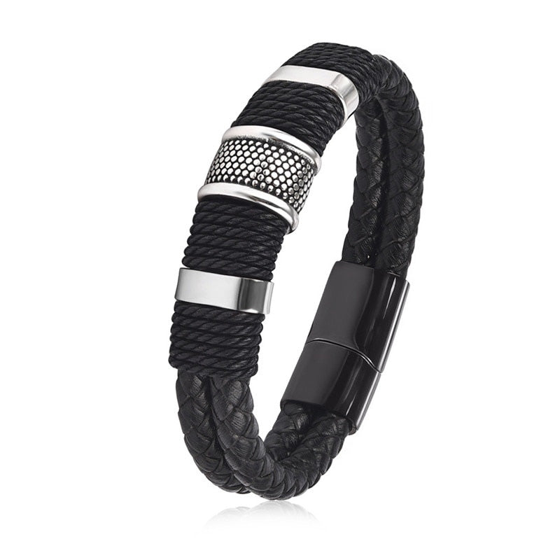 Leather Bracelet Punk Style Men Black Woven, featuring a stylish design with woven black leather and metal accents.