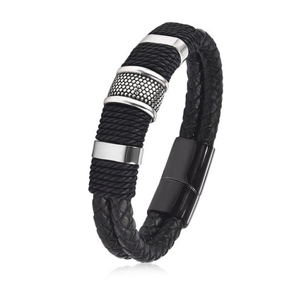 Leather Bracelet Punk Style Men Black Woven, featuring a stylish design with woven black leather and metal accents.