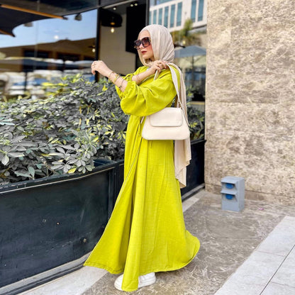 Loose Long Sleeve Belted Open Front Abaya Dress Elegant