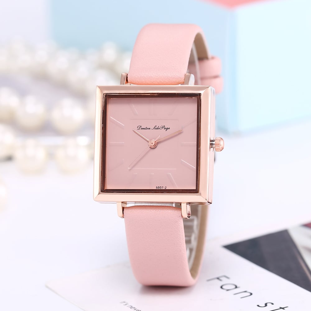 Classic square dial quartz watch for women with pink strap
