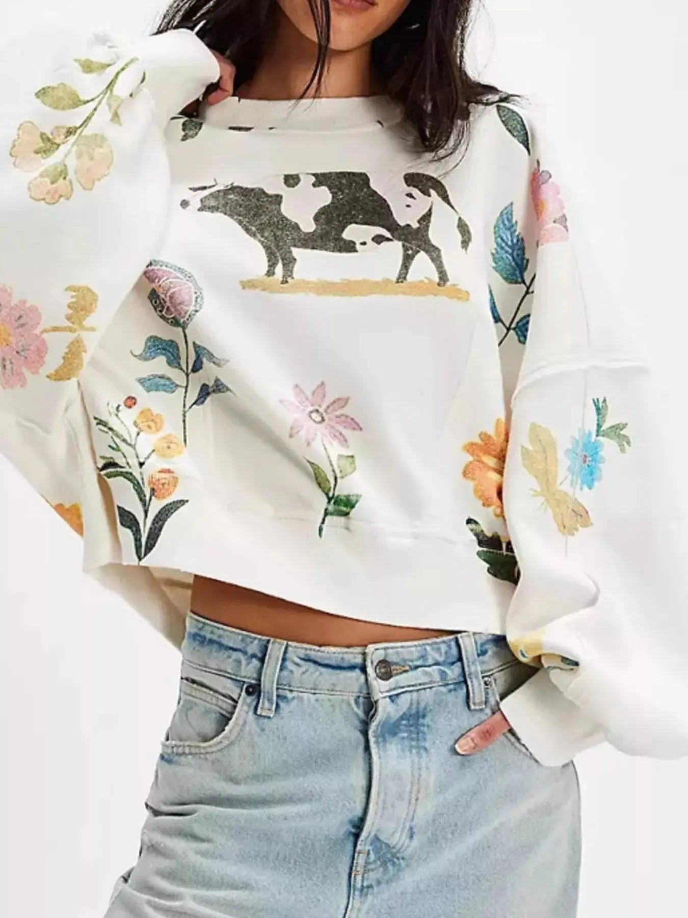 Printed Round Neck Dropped Shoulder Sweatshirt Trendsi