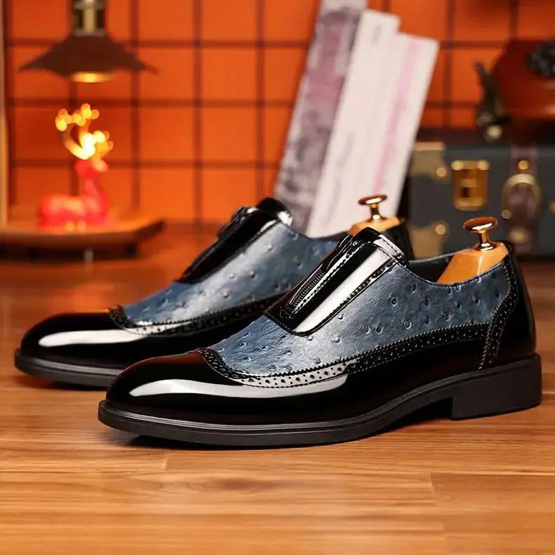 Embossed zipper pointed men's shiny leather Chelsea men's single shoes eprolo
