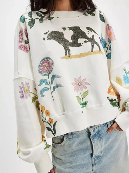 Printed Round Neck Dropped Shoulder Sweatshirt Trendsi