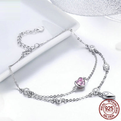 925 Sterling Silver Heart Charm Bracelet with Purple Crystal - Adjustable Chain Bracelet for Women