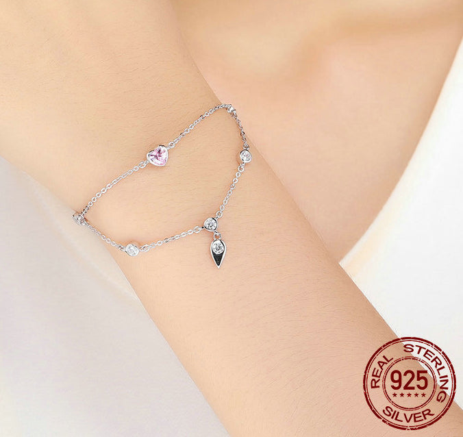 925 Sterling Silver Heart Charm Bracelet with Purple Crystal - Adjustable Chain Bracelet for Women