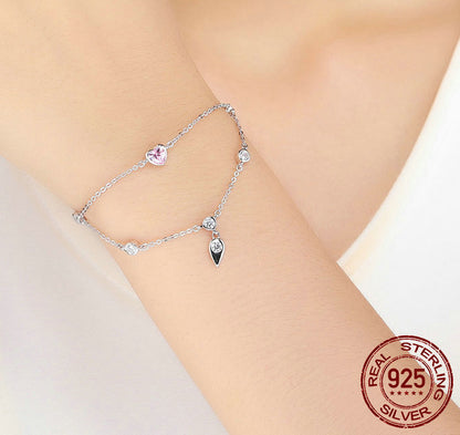 925 Sterling Silver Heart Charm Bracelet with Purple Crystal - Adjustable Chain Bracelet for Women