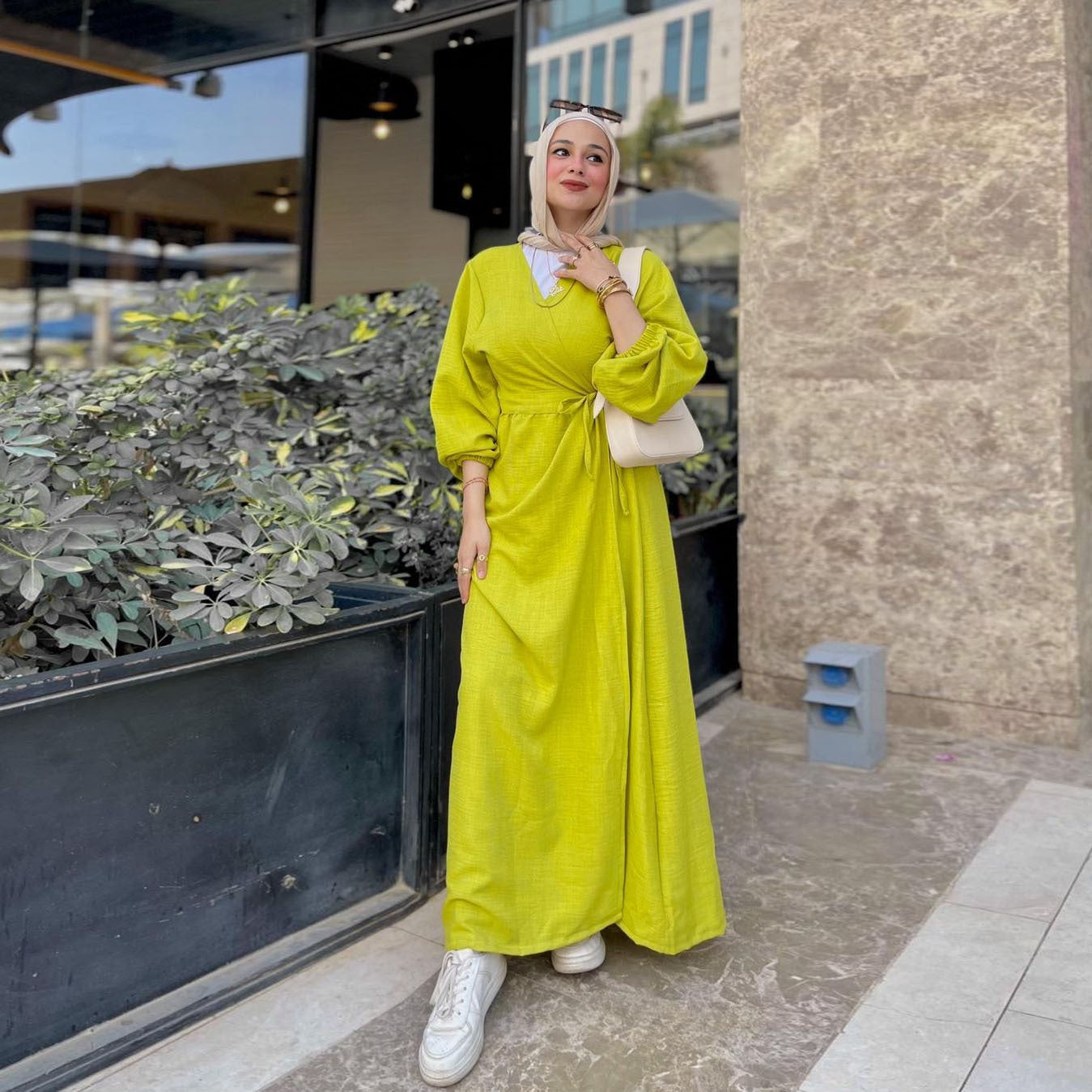 Loose Long Sleeve Belted Open Front Abaya Dress Elegant