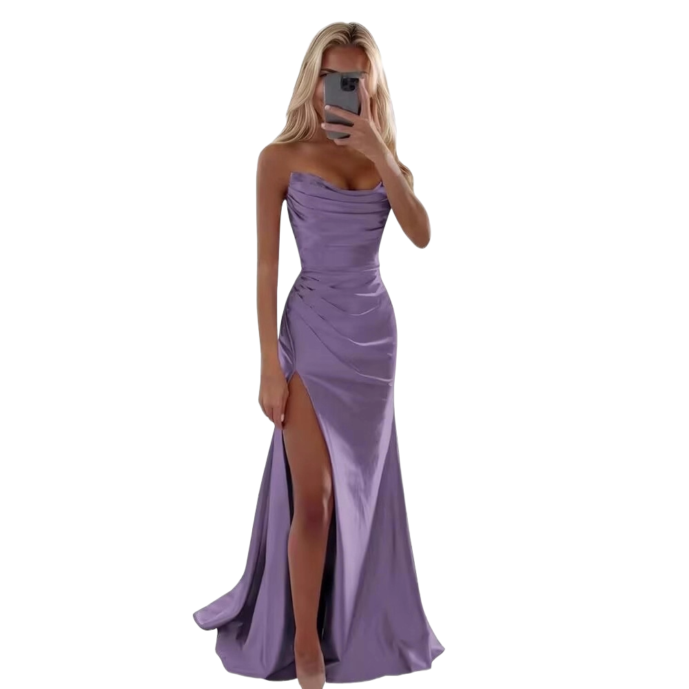 Purple cowl neck satin midi dress elegant