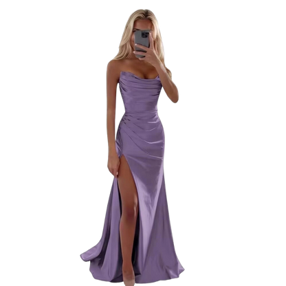 Purple cowl neck satin midi dress elegant
