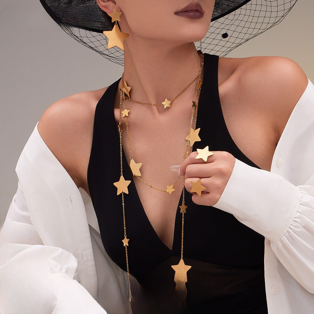 Stainless Steel Clavicle Chain With A Brushed Texture Featuring Small And Large Stars