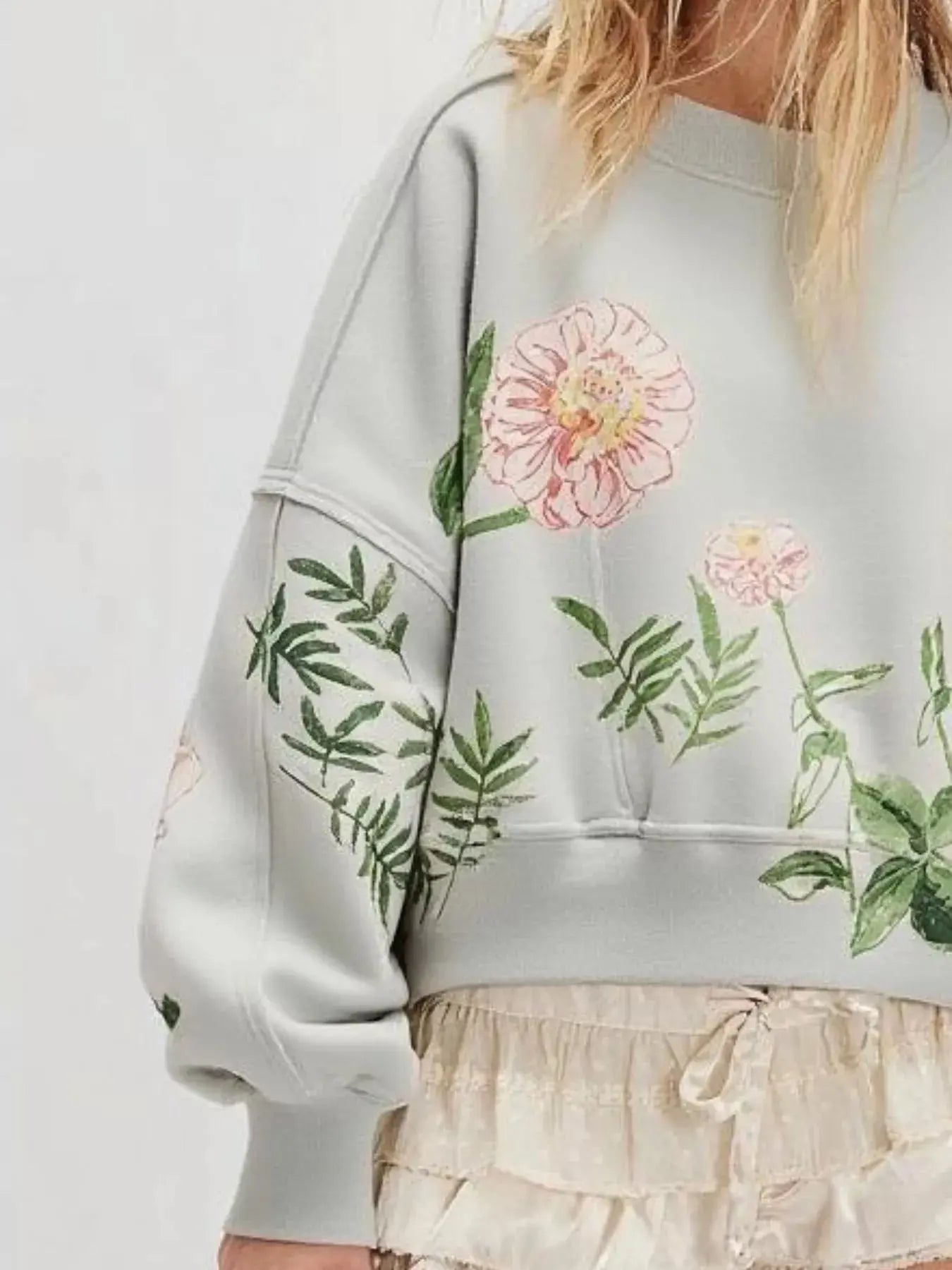 Printed Round Neck Dropped Shoulder Sweatshirt Trendsi