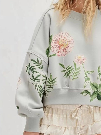 Printed Round Neck Dropped Shoulder Sweatshirt Trendsi