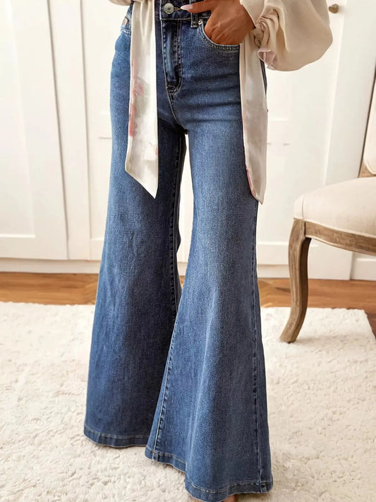 High Waist Button Zip Flare Leg Jeans Trendsi