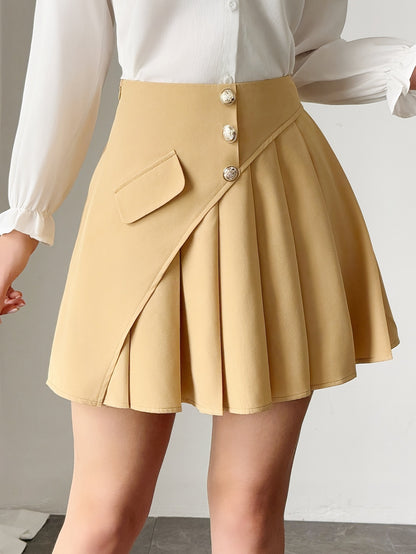 Solid Color Pleated Front Button Design Women's Elegant A-Line Dress