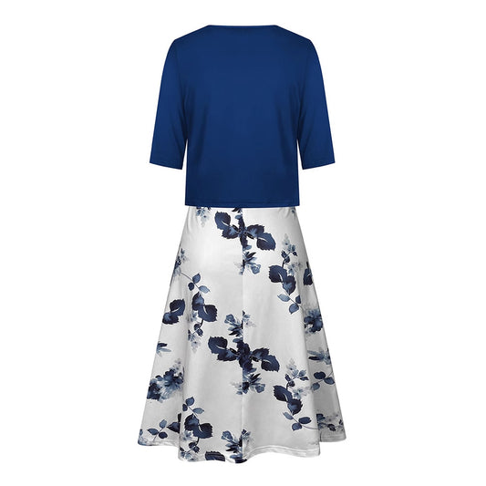 Elegant Two-Piece Set for Women Short-Sleeve Casual Summer Jacket with Printed Dress
