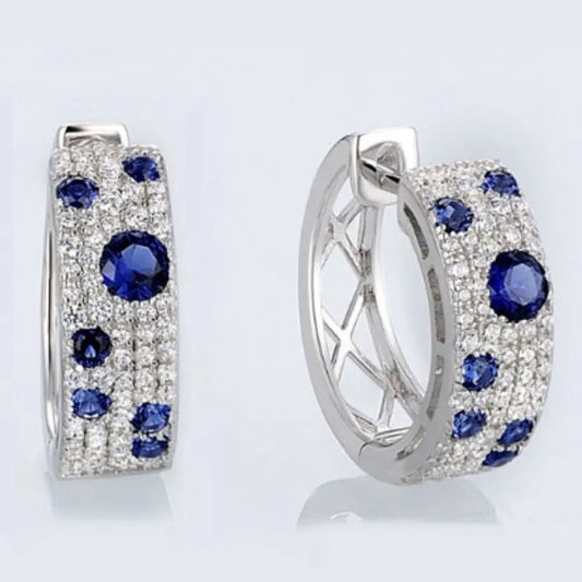 Korean Style Blue White Earrings Round Micro Inlaid Zircon Exquisite Ear Clip Trendsi