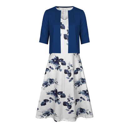 Elegant Two-Piece Set for Women Short-Sleeve Casual Summer Jacket with Printed Dress