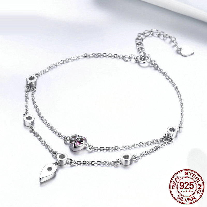 925 Sterling Silver Heart Charm Bracelet with Purple Crystal - Adjustable Chain Bracelet for Women