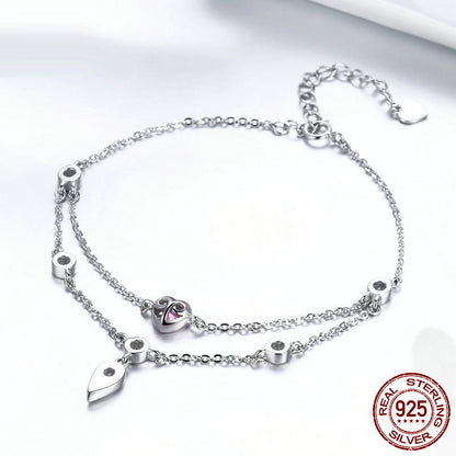 925 Sterling Silver Heart Charm Bracelet with Purple Crystal - Adjustable Chain Bracelet for Women