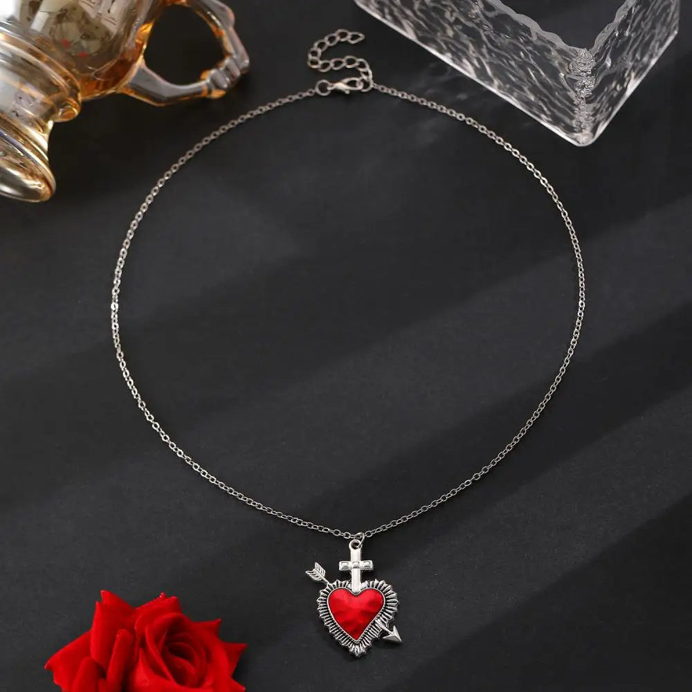 New Heart and Sword Necklace Punk Vintage Red Crystal Heart Couple Necklaces for Women Men Boyfriend Girlfriend Gifts