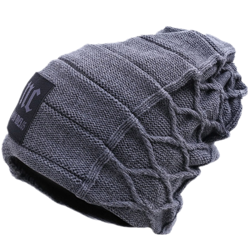 "Knitted winter hat men navy blue fleece-lined beanie