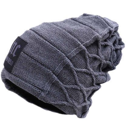 "Knitted winter hat men navy blue fleece-lined beanie