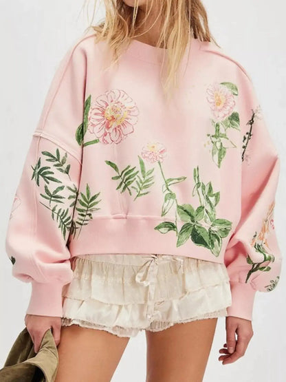 Printed Round Neck Dropped Shoulder Sweatshirt Trendsi
