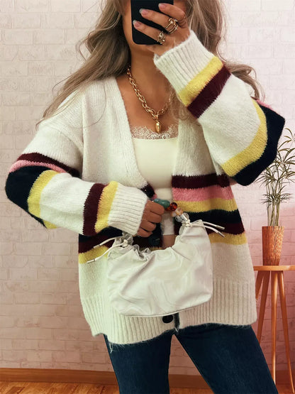 Ribbed Striped Cardigan for girls in cozy stripes, paired with a stylish white bag and casual jeans.