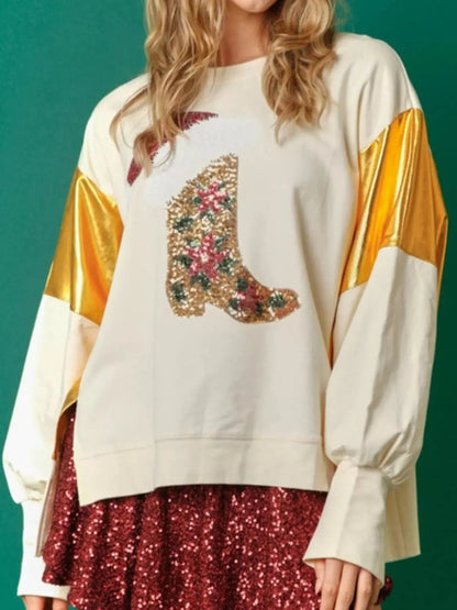 Christmas Sequin Boot Long Sleeve Sweatshirt Trendsi