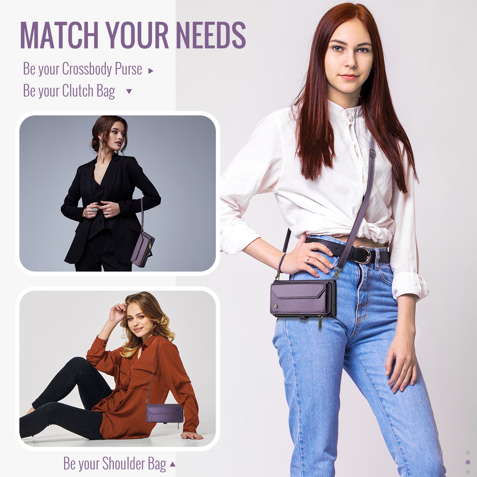 Leather mobile phone wallet for women lifestyle image showing compact design and portability ```  **Alternative options:** ``` Woman wearing leather mobile phone wallet for women as crossbody accessory ```  Or if it's a product demonstration shot: ``` Leather mobile phone wallet for women demonstration showing size and carrying style