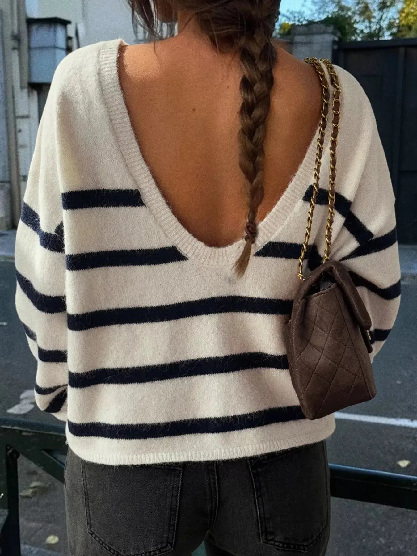 Striped Round Neck Long Sleeve Knit Top Trendsi