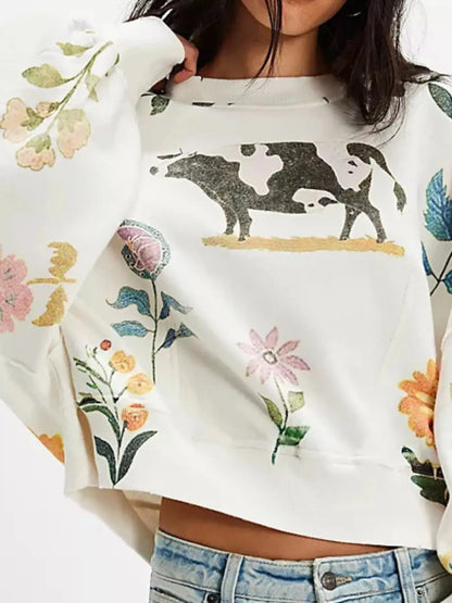 Printed Round Neck Dropped Shoulder Sweatshirt Trendsi