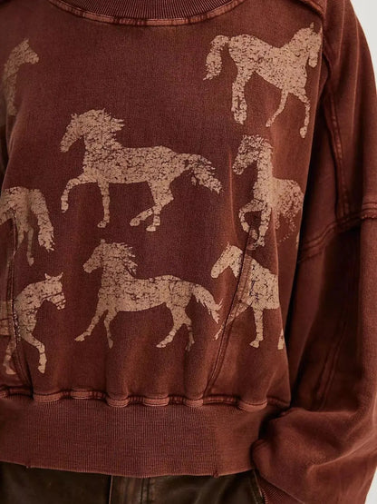 Printed Round Neck Dropped Shoulder Sweatshirt Trendsi
