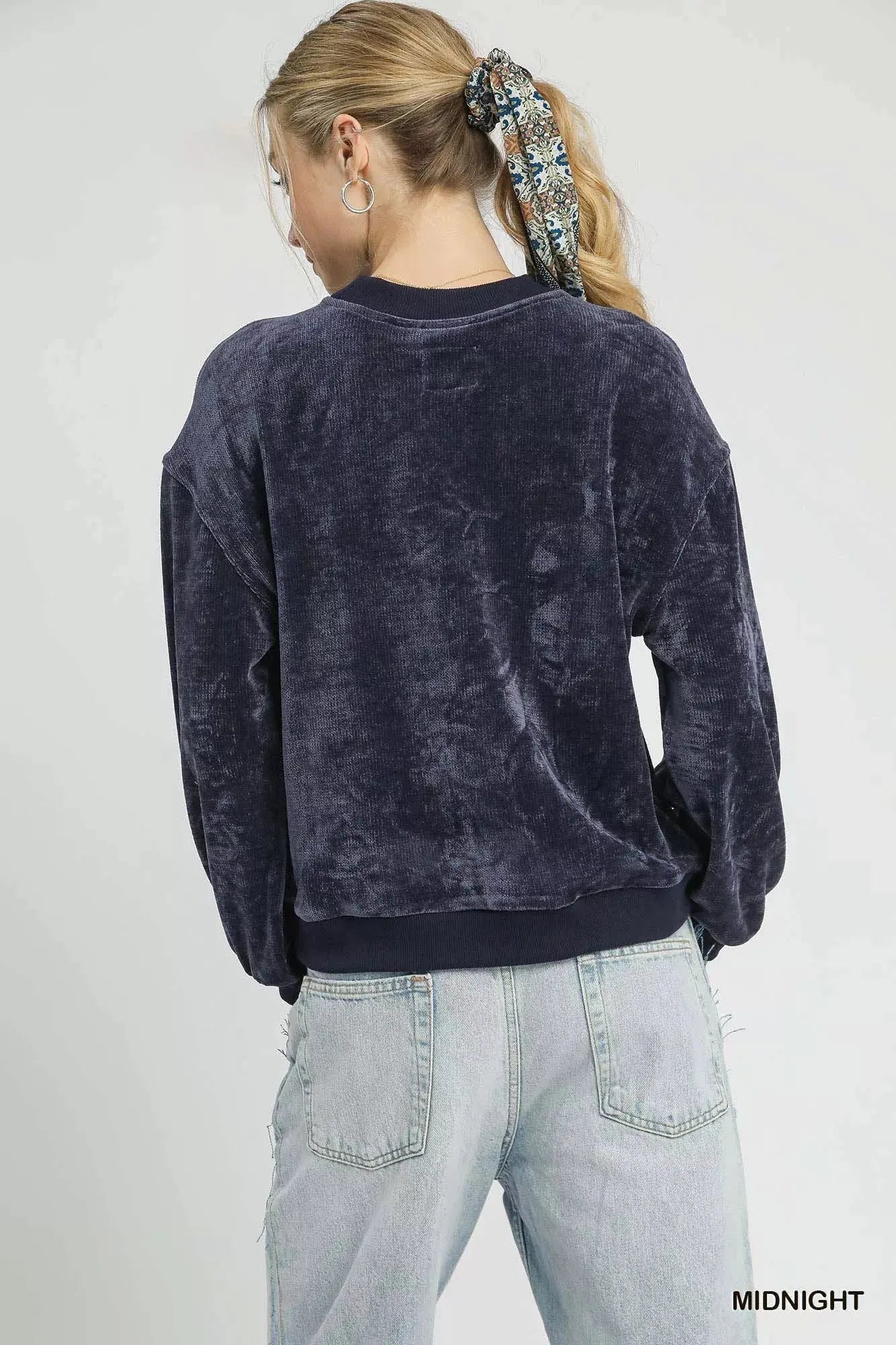 Umgee Velour Crewneck Balloon Sleeve Sweatshirt Trendsi