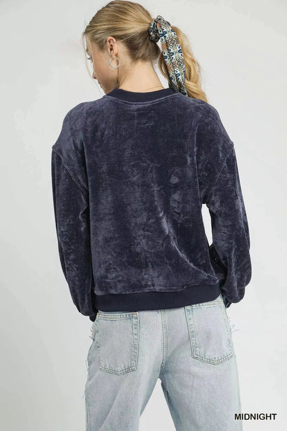 Umgee Velour Crewneck Balloon Sleeve Sweatshirt Trendsi