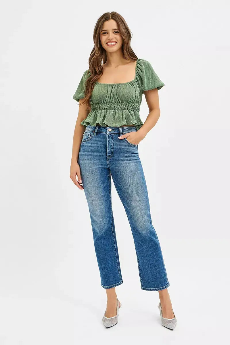 RISEN Tummy Control High Rise Crop Straight Jeans Trendsi