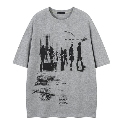 Retro Print Loose T-Shirt Men Short Sleeve
